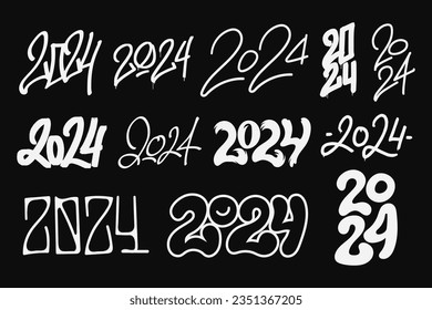 2024 New Year number collection in hand drawn style. 2024 handwritten lettering isolated on dark background. Design element for greeting card, calendar, poster, banner, etc.