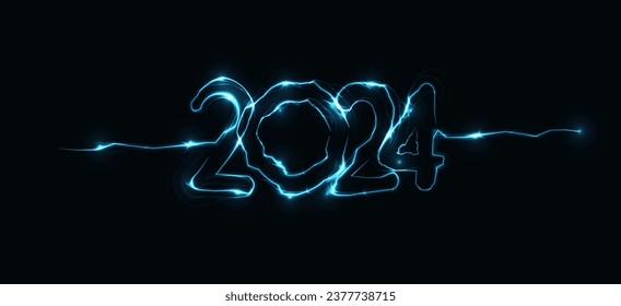 2024 New Year numbers with electrifying style. Stunning blue lightning strikes through 2024 on black background. Vector illustration