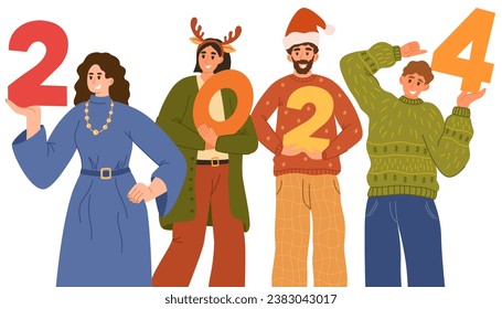 2024 Número de Año Nuevo en manos de gente feliz. Cartel de vacaciones con equipo corporativo celebrando Año Nuevo y regocijándose. Personajes masculinos, femeninos y celebración del Año Nuevo. Ilustración vectorial plana 