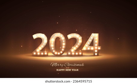 2024 New Year numbers with lamp bulb, retro style. vector