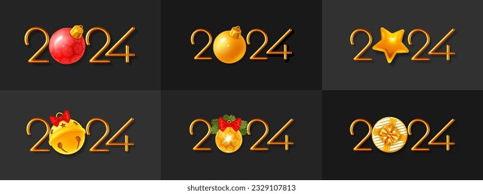 2024 New Year numbers signs set. 3d realistic thin golden metallic numbers 2024 with Christmas decorations, ball, gift, star and jingle bell, isolated on black background. Vector illustration