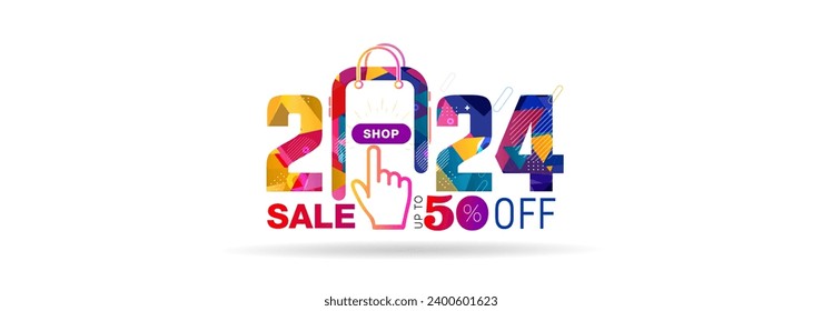 2024 new year offer. 50% off Online Sale and shopping deal poster banner design.