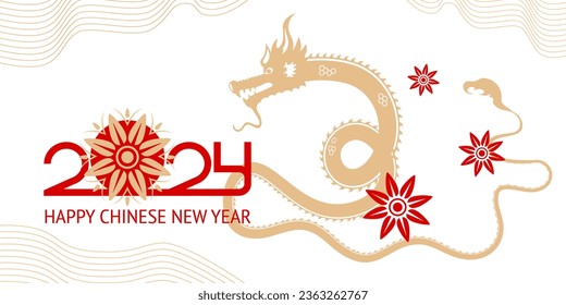 2024 New Year postcard, Chinese New Year greeting with wavy long Dragon, lunar zodiac symbol of the Year, vector illustration.