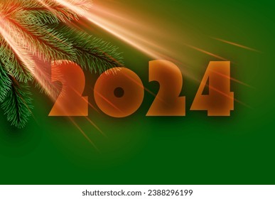 2024 New Year poster with orange glass lettering on green background with fir branches and sun light. Vector illustration.