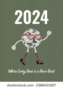 Afiche del año nuevo 2024. Invitación de fiesta con baile de carácter disco. Celebrar con baile