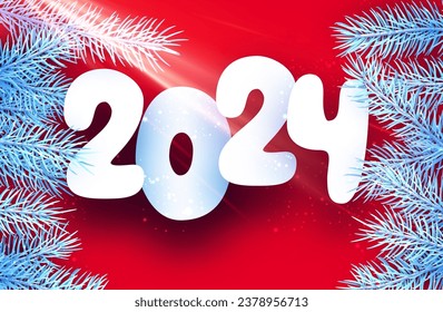 2024 New Year poster with white paper lettering on bright red background with blue fir branches and sun light. Vector illustration.