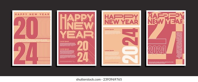 2024 New Year posters with abstract designs and typography. Vector logo for celebrations and seasonal decorations. Suitable for branding, banners, covers, cards, and social media backgrounds.