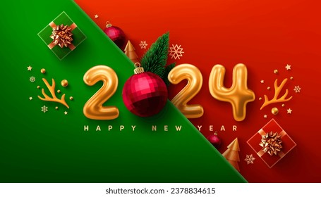 2024 New Year Promotion Poster or banner with gift box and christmas element for Retail,Shopping or Christmas Promotion.New year 2024 Symbol with red ball ornaments.Vector illustration eps 10	