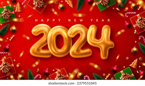 2024 New Year Promotion Poster or banner with gift box and christmas element for Retail,Shopping or Christmas Promotion.New year 2024 with realistic 3d gold metal text.Vector illustration eps 10