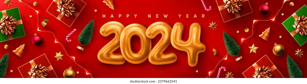 2024 New Year Promotion Poster or banner with gift box and christmas element for Retail,Shopping or Christmas Promotion.New year 2024 with realistic 3d gold metal text.Vector illustration eps 10