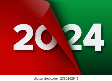 2024 New Year red paper sheet with curled corner. Curled page corner with shadow and numbers. Colorful 2024 Happy New Year banner