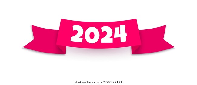 2024 New Year Red ribbon with realistic shadow isolated on white background. Happy New Year and Merry Christmas decorative design element. Vector ribbon for web, design, advert, app.