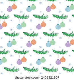 A 2024 New Year seamless pattern with two baubles hanging of a green branch vector illustration.