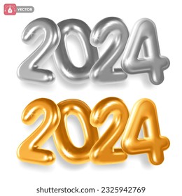 2024 New Year set. 3d realistic golden and silver glossy and shiny metallic numbers 2024, isolated on white background, with shadow. Vector illustration