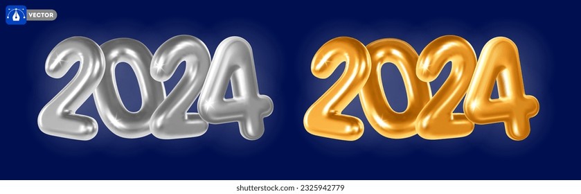 Año Nuevo 2024. 3d realistas números metálicos dorados y plateados y brillantes 2024, aislados sobre fondo azul oscuro. Ilustración del vector