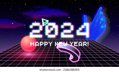 2024 New Year sign with glitched glowing pixels and abstract 90s styled composition of 3D shapes. Winter holiday and year change symbol.