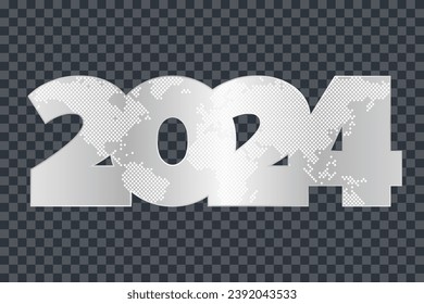 2024 New Year silver vector icon. Sign with world map on transparent background. Illustration for decoration, celebration, winter holiday, infographic element, winter holiday, greeting