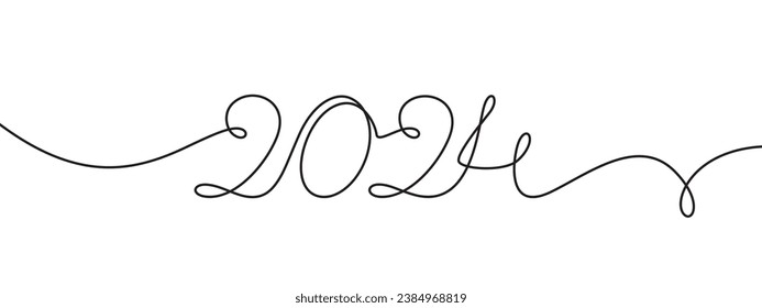 2024 nuevo año esbozo de línea continua única. Dibujo manual número 2024. Esquema curvo. Banner minimalista dibujado a mano con una sola línea. Diseño de boceto a la moda. Ilustración vectorial de año nuevo