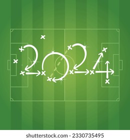 2024 New Year Soccer competition strategy, white arrows, green field of stadium in background