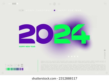 2024 New Year square design with letter logo concept for poster, calendar, flyer, banner and media post template. Modern template Christmas vector illustration with purple and green labels.