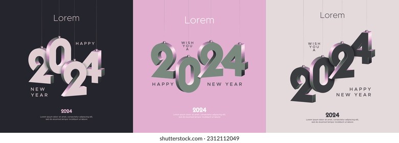 2024 new year square template with fashionable hanging 3D number. 2024 new year celebration