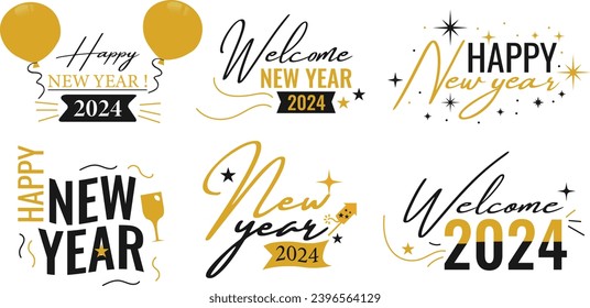 "2024 New Year sticker set: vibrant vectors for celebrations! Get yours now."