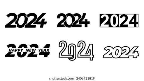 Diseño de texto de Año Nuevo 2024. Conjunto de plantilla de diseño de números de 2024. símbolos de texto 2024 Feliz Año Nuevo. Ilustración vectorial con etiquetas negras