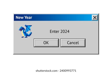 2024 New Year themed dialogue box with blue dragon. Abstract vaporwave, y2k aesthetics window with 90s style system message