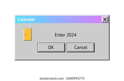 2024 New Year themed dialogue box with door to enter 2024. Abstract vaporwave, y2k aesthetics window with 90s style system message