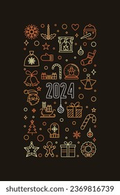 2024 New Year thin line vertical creative banner - vector Merry Christmas brown illustration or poster 