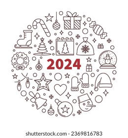 2024 New Year thin line round banner - vector Merry Christmas simple illustration or poster 