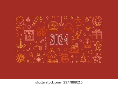 2024 New Year thin line horizontal red banner - vector Merry Christmas illustration