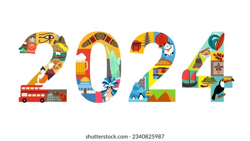 2024 New Year travel plans with world famous landmarks vector illustration