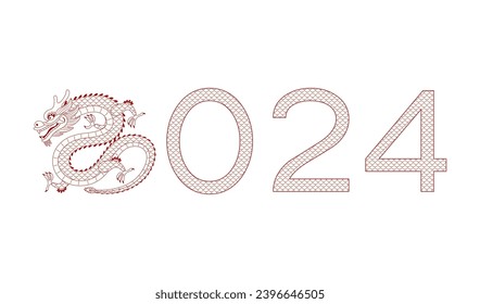 2024 New Year typography with Chinese dragon line art illustration. Asian zodiac sign cartoon character. Hand drawn style vector. Design element for traditional holiday card, banner, poster, decor