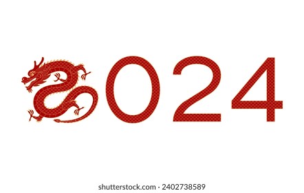 2024 New Year typography with Chinese dragon line art illustration. Asian zodiac sign cartoon character. Hand drawn style vector. Design element for traditional holiday card, banner, poster, decor