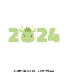2024 New Year typography with cute Chinese dragon face illustration. Hand drawn vector illustration, isolated on white. Kawaii cartoon style design. Lunar New Year holiday card, banner element