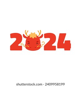2024 New Year typography with cute Chinese dragon face illustration. Hand drawn vector illustration, isolated on white. Kawaii cartoon style design. Lunar New Year holiday card, banner element