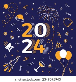 2024 new year vector design with cute cartoon pattern decoration