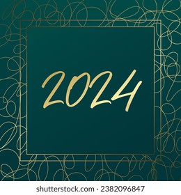2024 New Year vector greeting card. Golden hand drawn lines. Green and gold gradient banner for celebration, congratulation, web design, decoration, winter holiday, frame