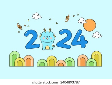 Ilustración vectorial de Año Nuevo 2024 de un lindo personaje de dragón.