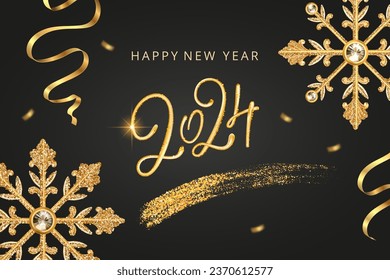 2024 New Year vector poster holiday greeting card, premium luxury 3d gold shiny snowflake ornament decoration number lettering glitter confetti on a black background