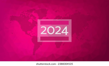 2024 New Year vector. World map symbol. Pink gradient triangle pattern. Polygonal background for web design, business, finance, template, global presentation