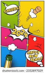 2024 New Year vertical postcard or greeting card template. Vector festive retro design in comic book or manga style with champagne bottle, flying cork and festive phrases inside speech bubbles.