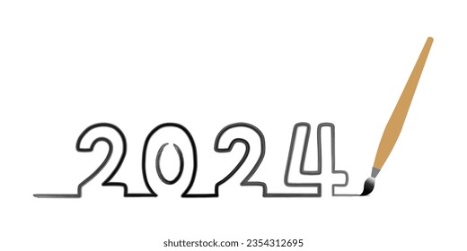 2024 new year watercolor handwriting with brush tool on white background. 2D Vector picture of 2024 for new year card and package decoration.