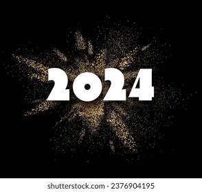 2024 New Year white paper word banner on gold glitter powder explosion. Golden color dust splash. Powdered vector background.