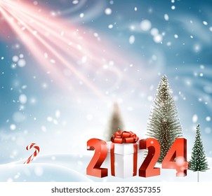 2024 New year winter snowy abstract background with 3d gift box, sunbeams and fir trees. Vector illustration.