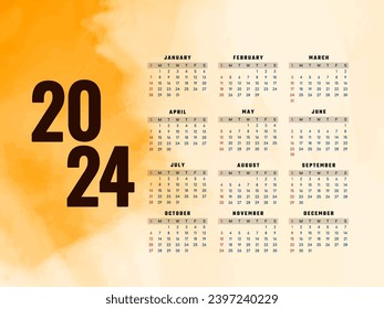 2024 new year yellow watercolor calendar design vector