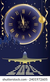 2024. New Year's card. the clock shows the onset of the new year. The plane takes off in the new year, golden balls. gold serpentine. clocks, decorati