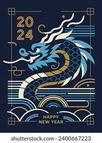 2024 Neujahrskartendesign, Blue Dragon, Oriental