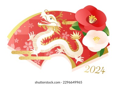 2024 New Year's card with dragon and camellia flowers.